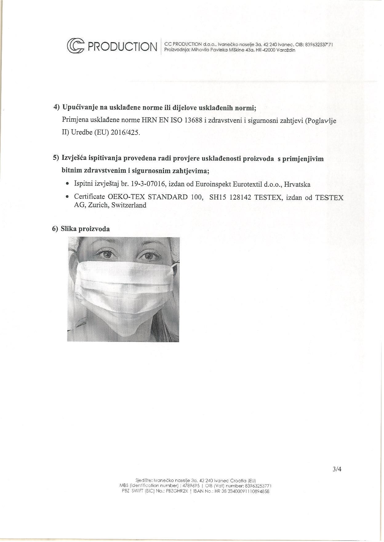 Certifikat - pamučna maska za lice od medicinskog pamuka - 10 komada u pakiranju